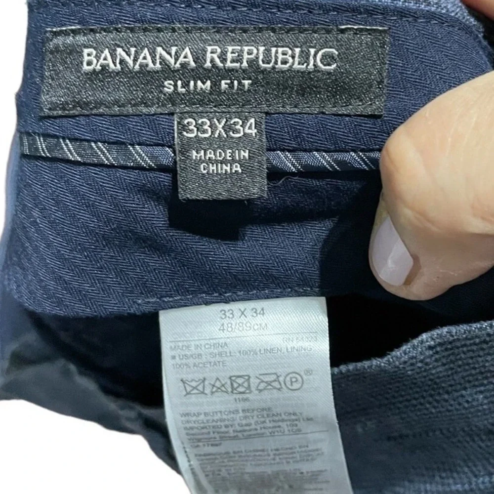 Banana Republic Slim Fit Linen Pants Mens 33x34 Navy Blue Micro Check Trousers